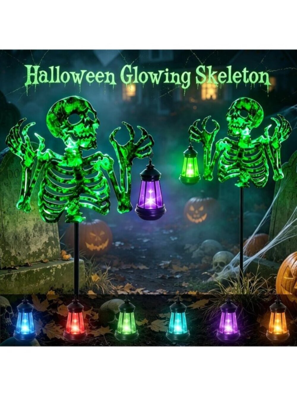 Halloween Skeleton Lantern Decor Glow in The Dark Iron Skull With Fluorescent - Picture 2 of 7